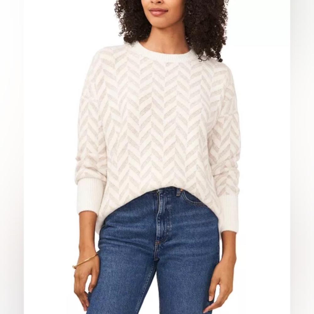 VINCE CAMUTO Women's Jacquard Chevron Crewneck Sweater, white with brown,Size XL